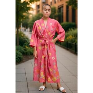 Vintage Natori Pink Floral Luxury Robe W/Pockets Japanese Kimono Loungewear Sz M